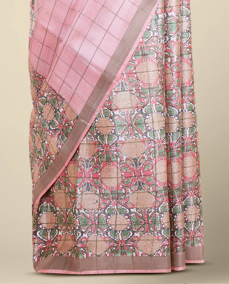 Pink checked design with intricately printed tusser silk saree