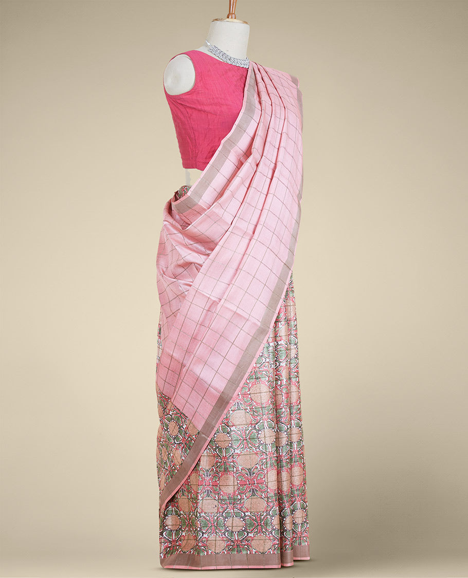 Pink checked design with intricately printed tusser silk saree