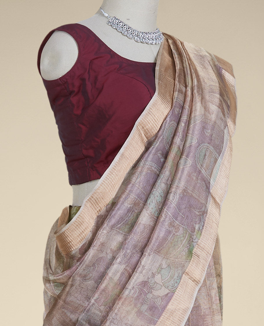 Brown ancient human motifs printed semi-banaras tissue silk saree, zari border