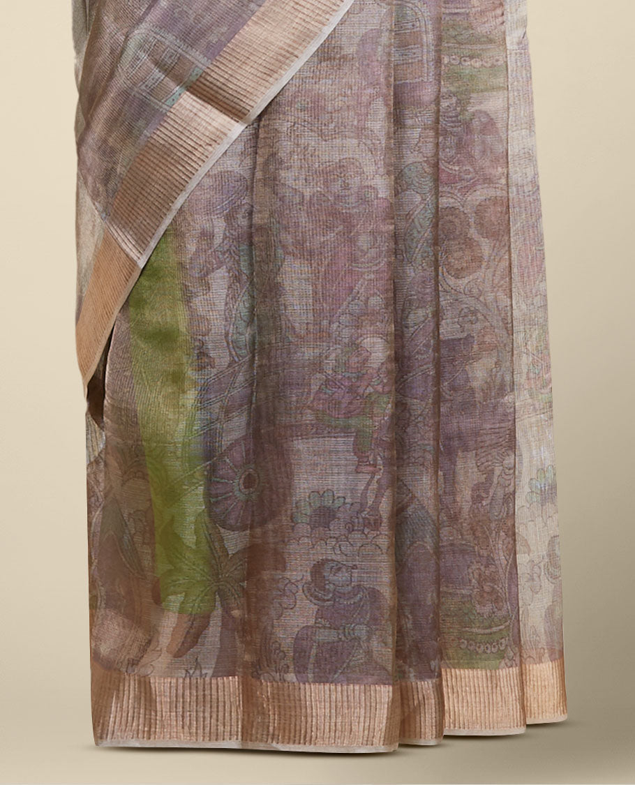 Brown ancient human motifs printed semi-banaras tissue silk saree, zari border