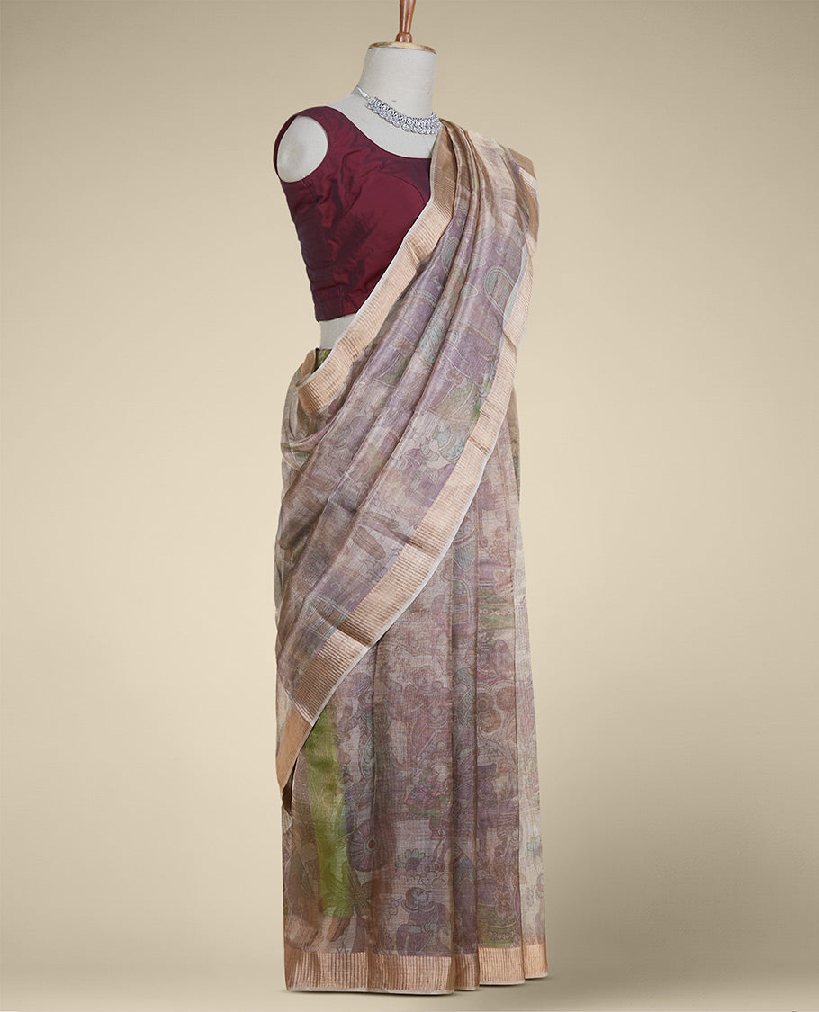 Brown ancient human motifs printed semi-banaras tissue silk saree, zari border