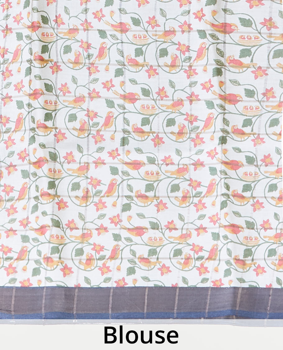 Cream & blue checked design with floral vine printed tusser silk saree