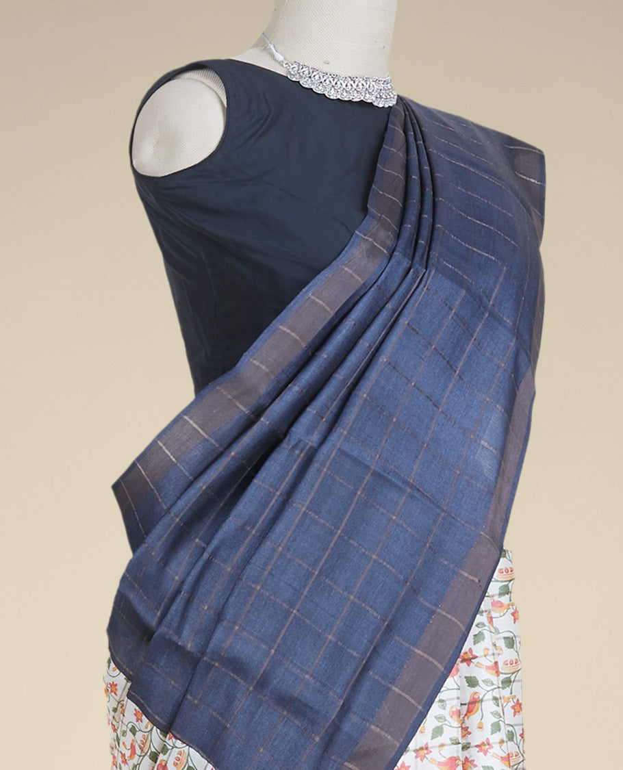 Cream & blue checked design with floral vine printed tusser silk saree