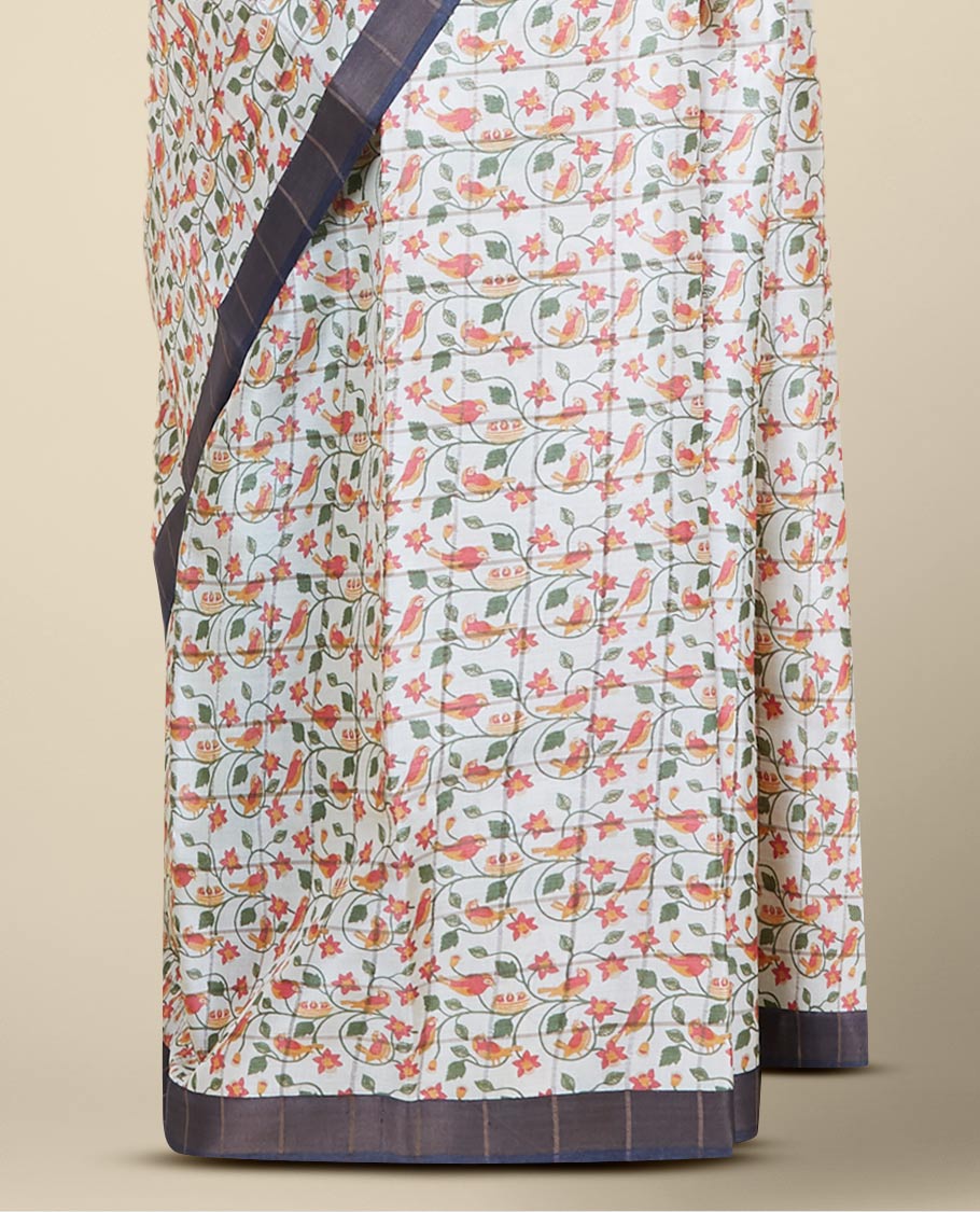 Cream & blue checked design with floral vine printed tusser silk saree