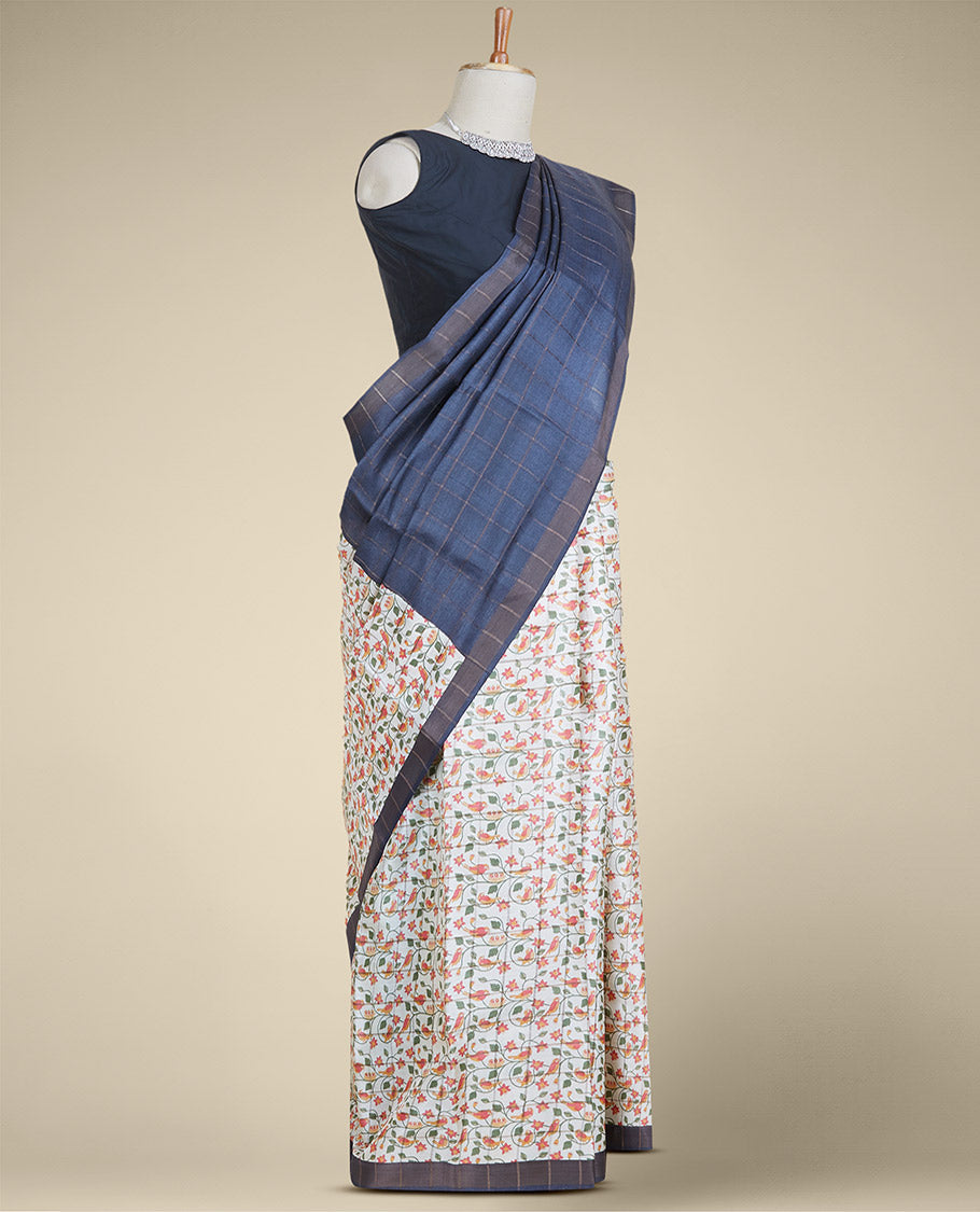 Cream & blue checked design with floral vine printed tusser silk saree