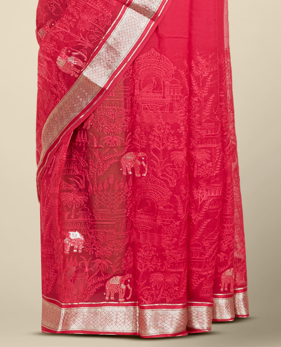 Pink floral & animal motifs embroidered pure chiffon saree, jaal design border