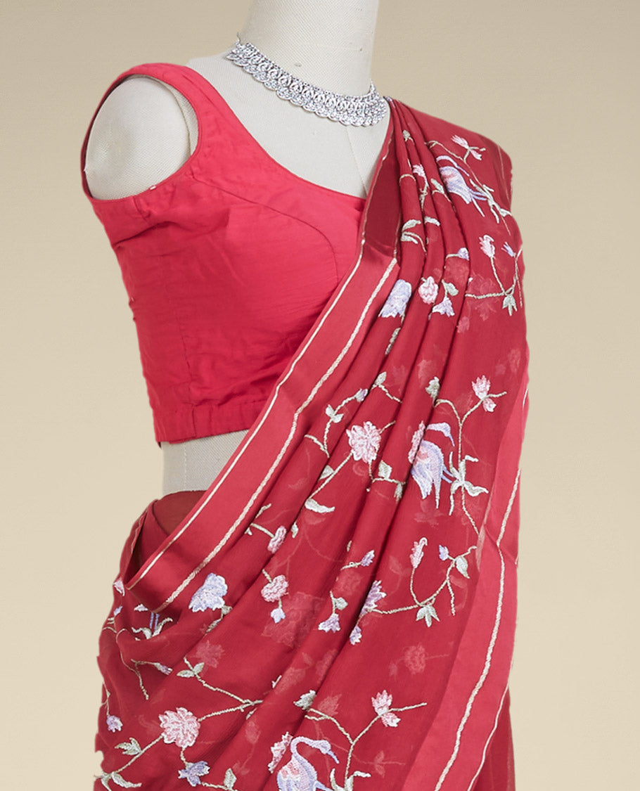 Red floral vine & bird designs embroidered pure chiffon saree, zari border