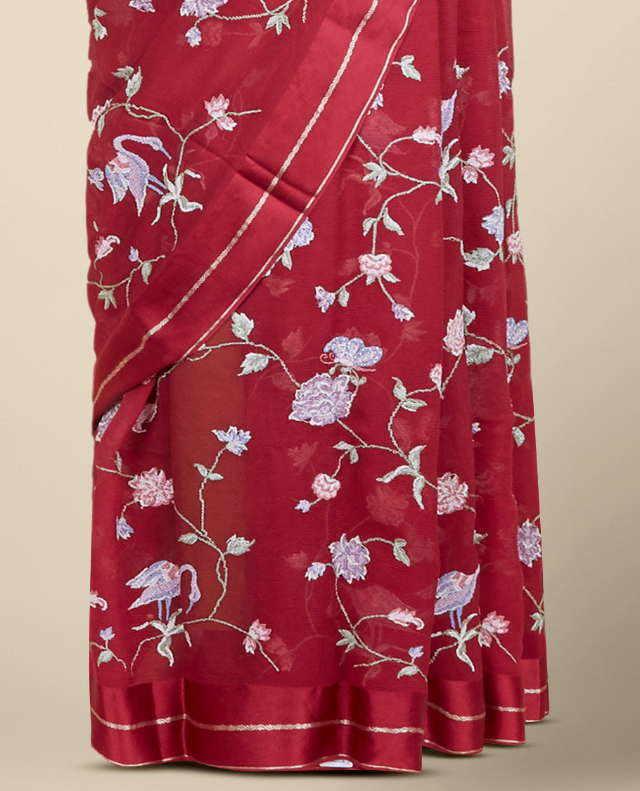Red floral vine & bird designs embroidered pure chiffon saree, zari border