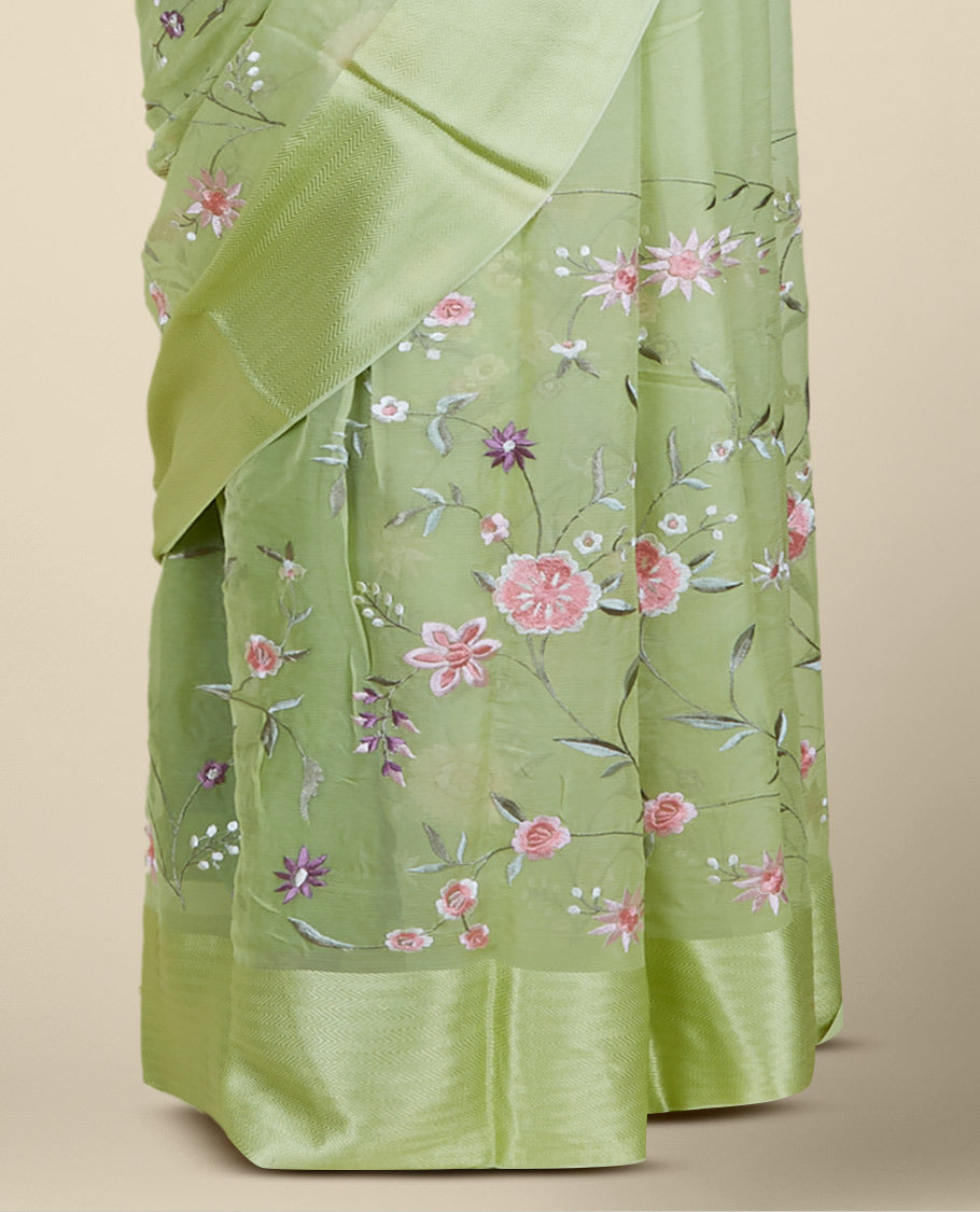 Green floral vine embroidered pure chiffon saree, chevron striped border