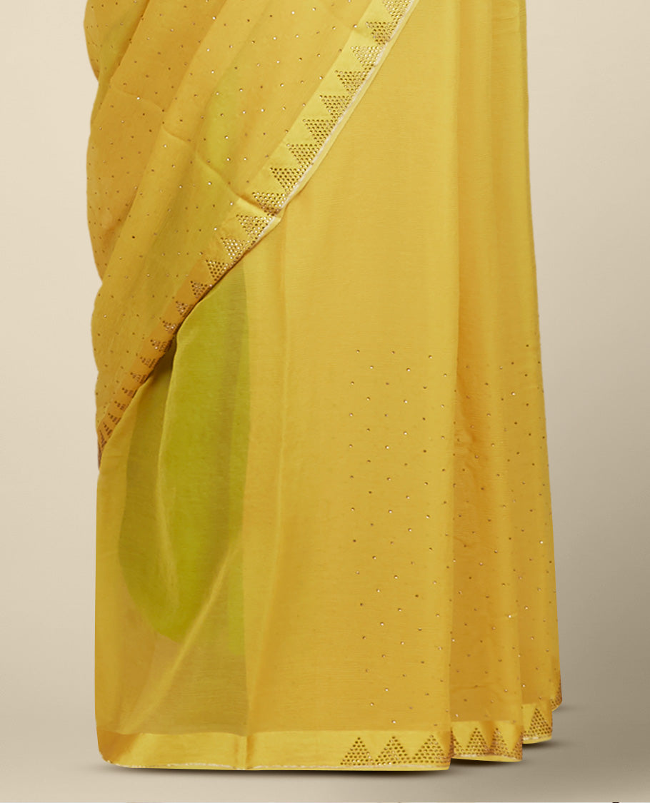 Yellow stone embroidered pure chiffon saree, stone embroidered border