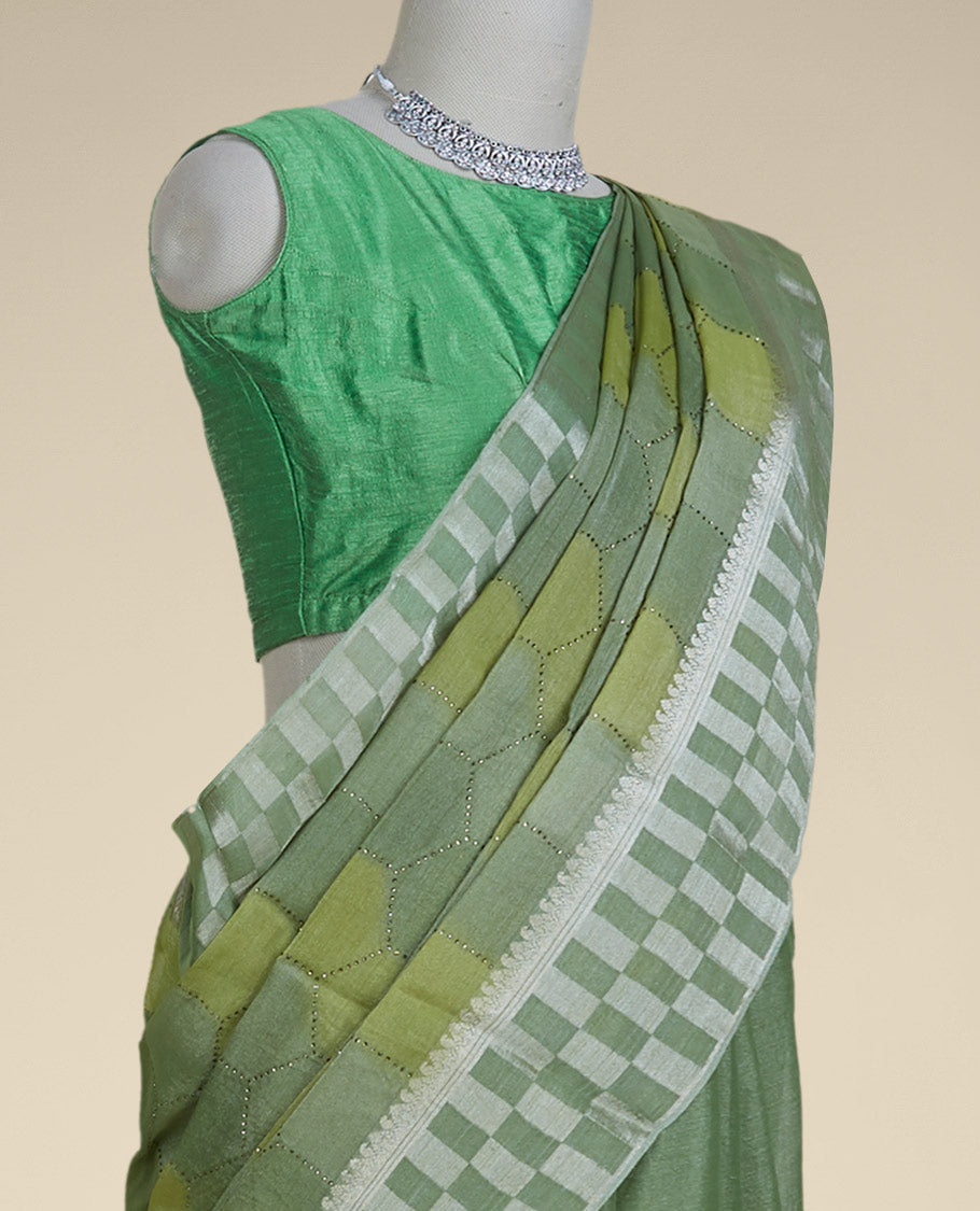 Green hexagon-shape stone embroidered pure crushed tissue saree, traditional design & checked border