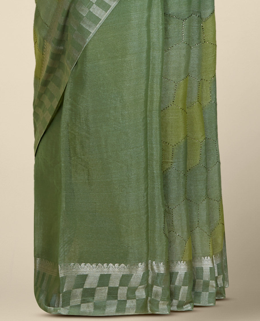 Green hexagon-shape stone embroidered pure crushed tissue saree, traditional design & checked border