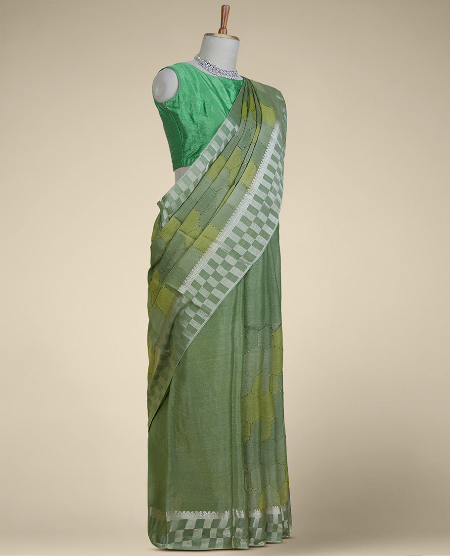 Green hexagon-shape stone embroidered pure crushed tissue saree, traditional design & checked border