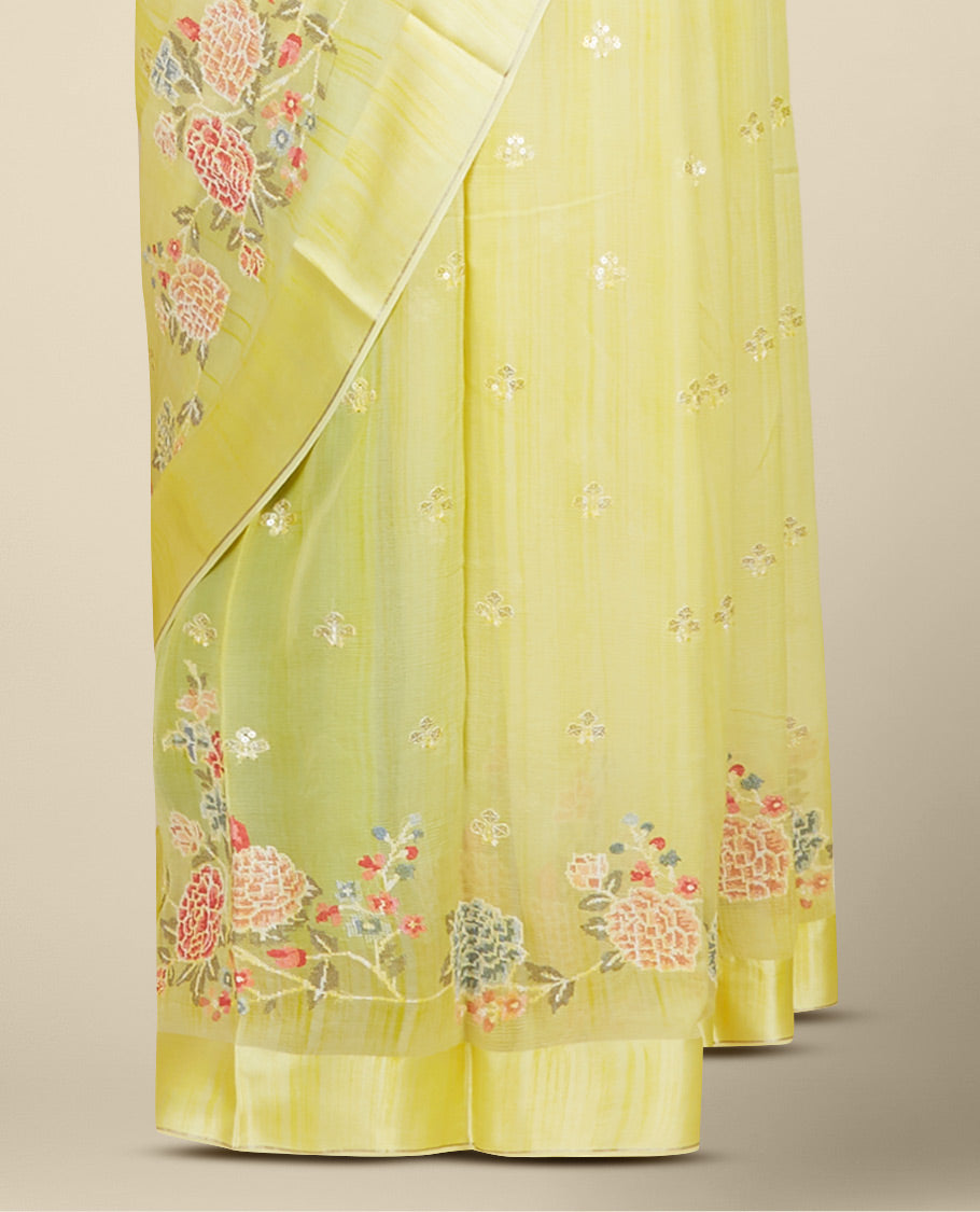 Yellow colorful floral vine embroidered pure chiffon saree, plain border