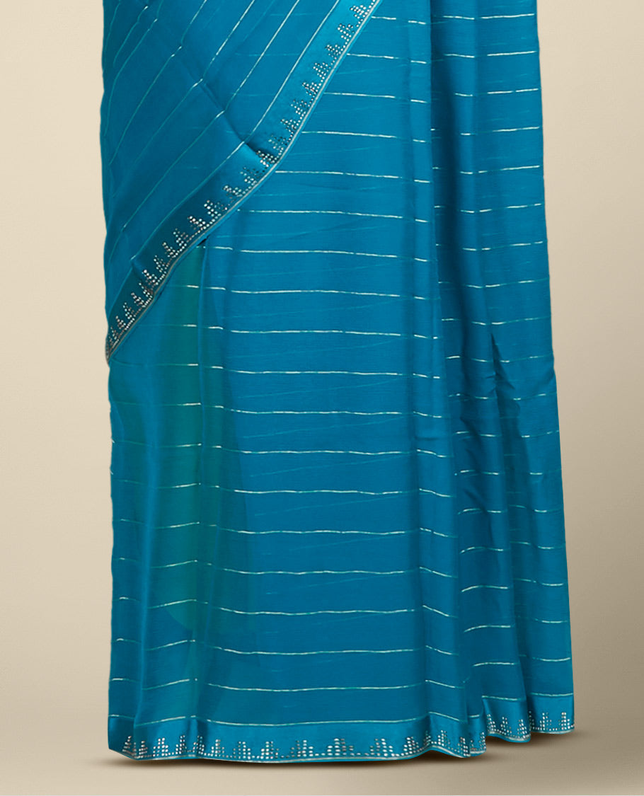 Blue striped pure chiffon saree, stone embroidered border