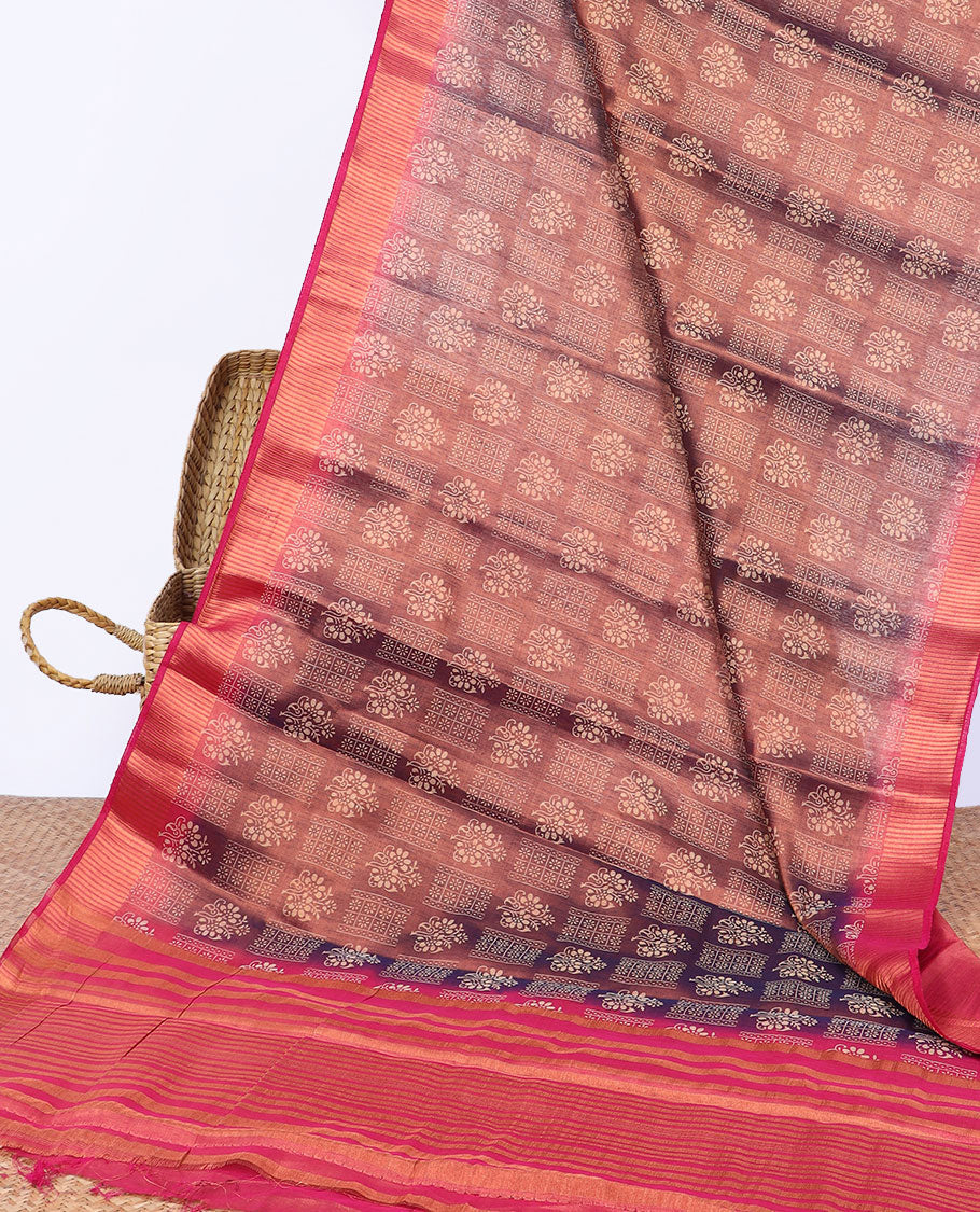 Brown unique printed semi-banaras tissue saree, contrast zari border & striped pallu