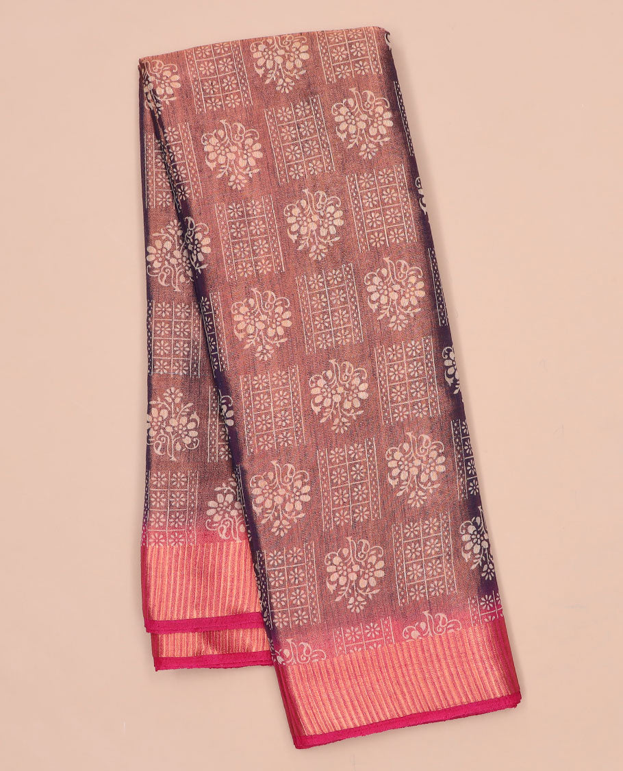 Brown unique printed semi-banaras tissue saree, contrast zari border & striped pallu