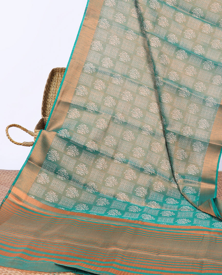 Blue unique printed semi-banaras tissue saree, zari border & striped pallu
