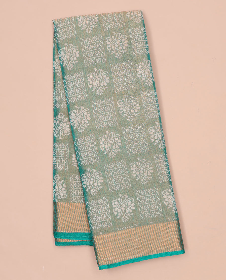 Blue unique printed semi-banaras tissue saree, zari border & striped pallu
