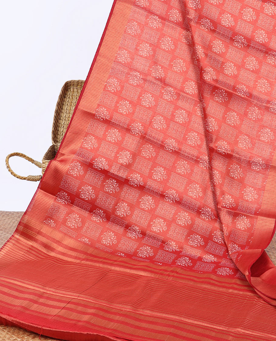 Red unique printed semi-banaras tissue saree, zari border & striped pallu