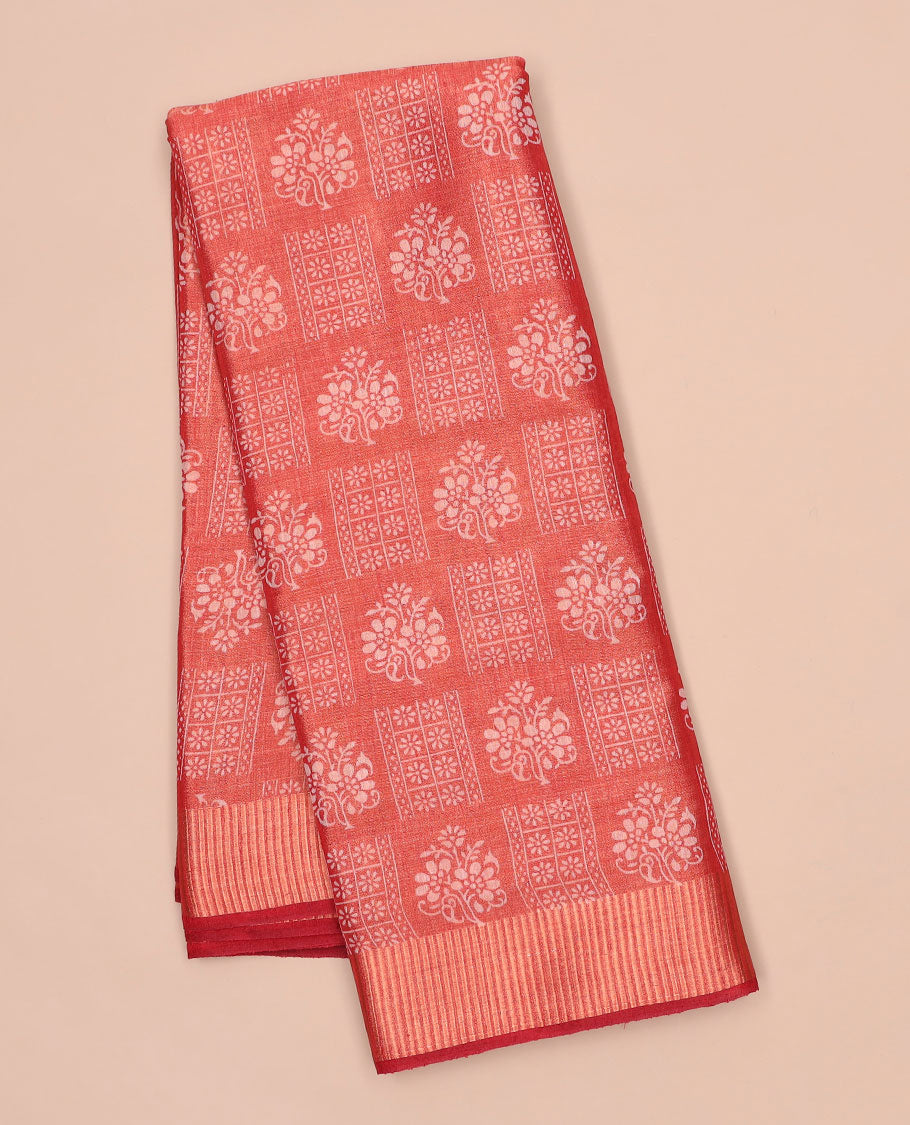 Red unique printed semi-banaras tissue saree, zari border & striped pallu
