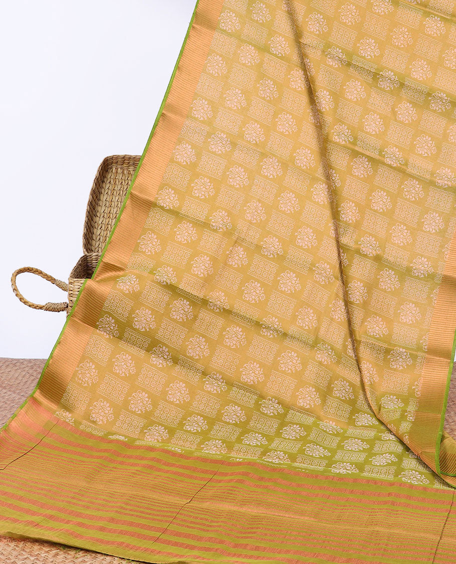 Green unique printed semi-banaras tissue saree, zari border & striped pallu