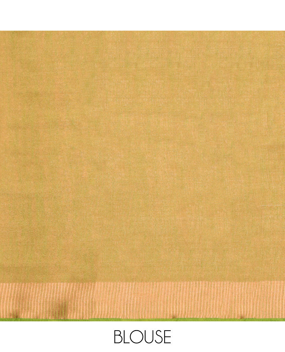 Green unique printed semi-banaras tissue saree, zari border & striped pallu