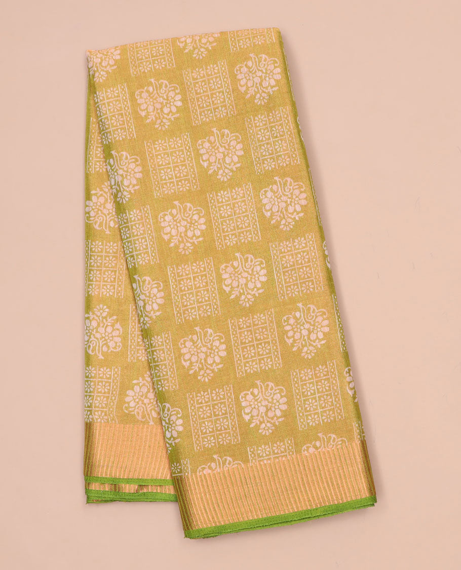 Green unique printed semi-banaras tissue saree, zari border & striped pallu