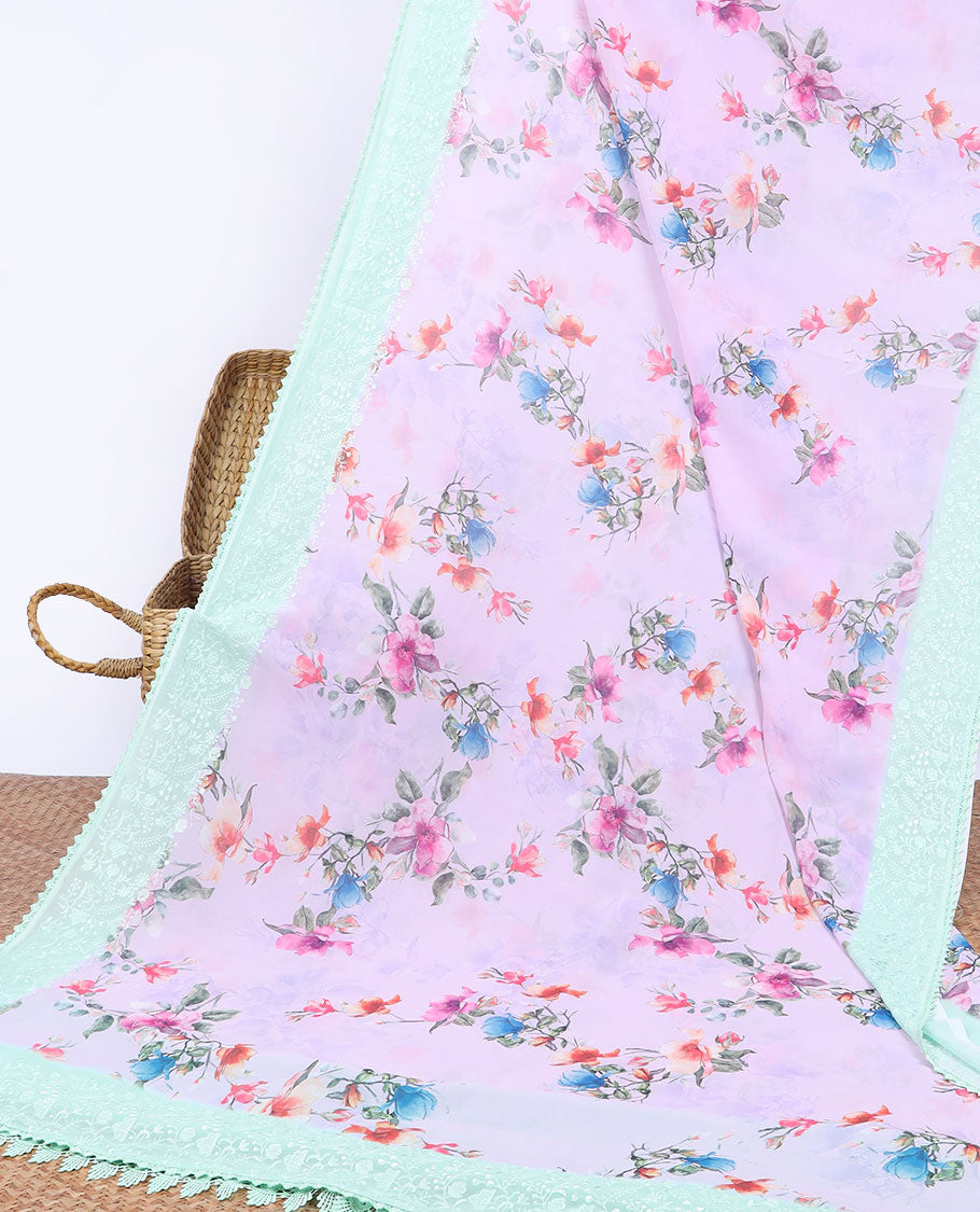 Pink floral printed semi-banaras tissue saree, contrast floral embroidered scallop border