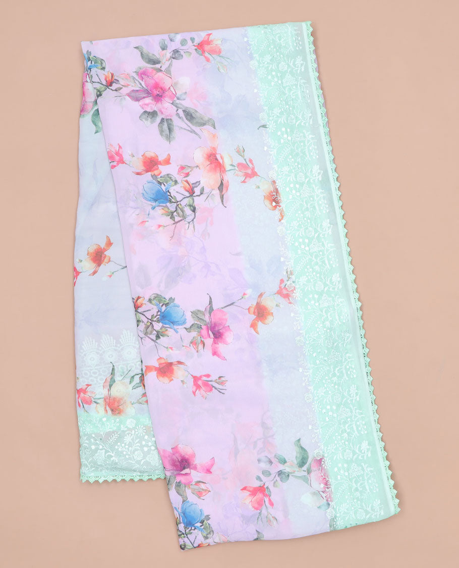 Pink floral printed semi-banaras tissue saree, contrast floral embroidered scallop border