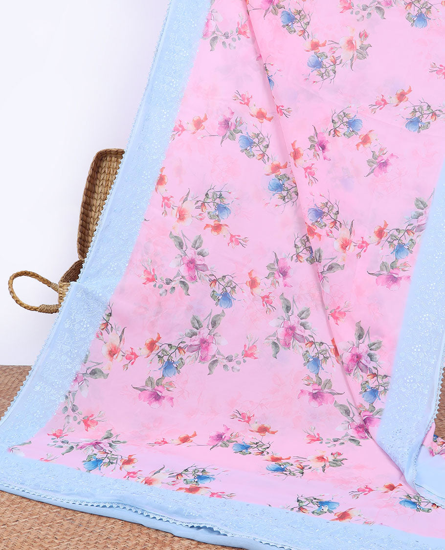 Pink floral printed semi-banaras tissue saree, contrast floral embroidered scallop border