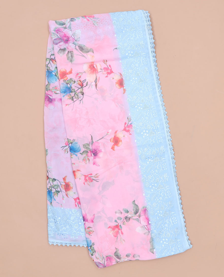 Pink floral printed semi-banaras tissue saree, contrast floral embroidered scallop border