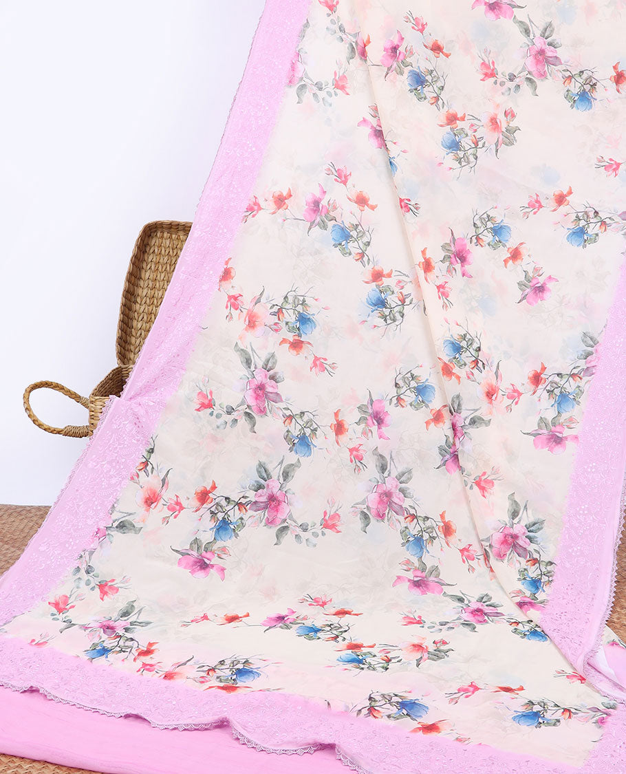 Off-white colorful floral printed semi-banaras tissue saree, contrast floral embroidered scallop border
