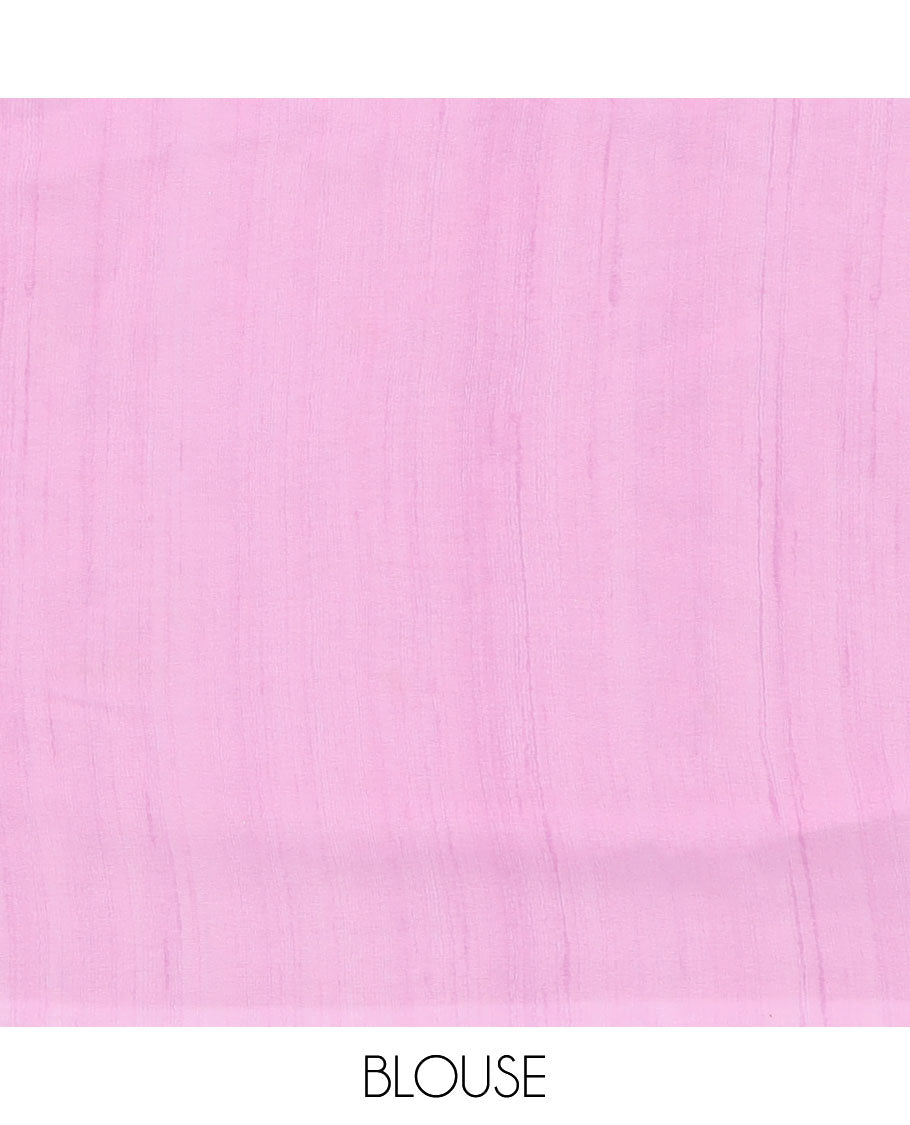 Off-white colorful floral printed semi-banaras tissue saree, contrast floral embroidered scallop border