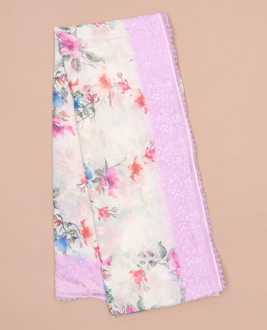 Off-white colorful floral printed semi-banaras tissue saree, contrast floral embroidered scallop border