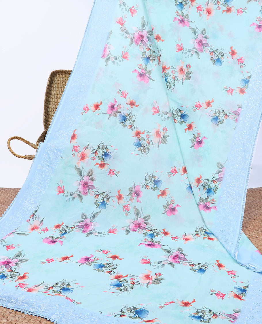 Blue floral printed semi-banaras tissue saree, contrast floral embroidered scallop border
