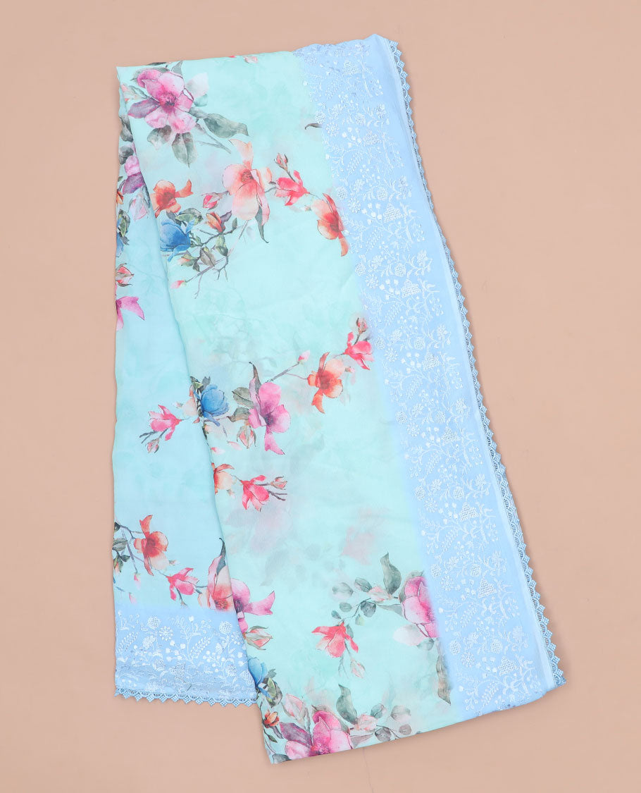 Blue floral printed semi-banaras tissue saree, contrast floral embroidered scallop border