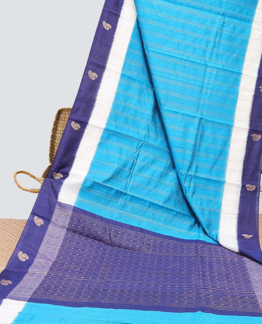 Blue striped dupion saree, contrast paisley motifs border & zari design pallu