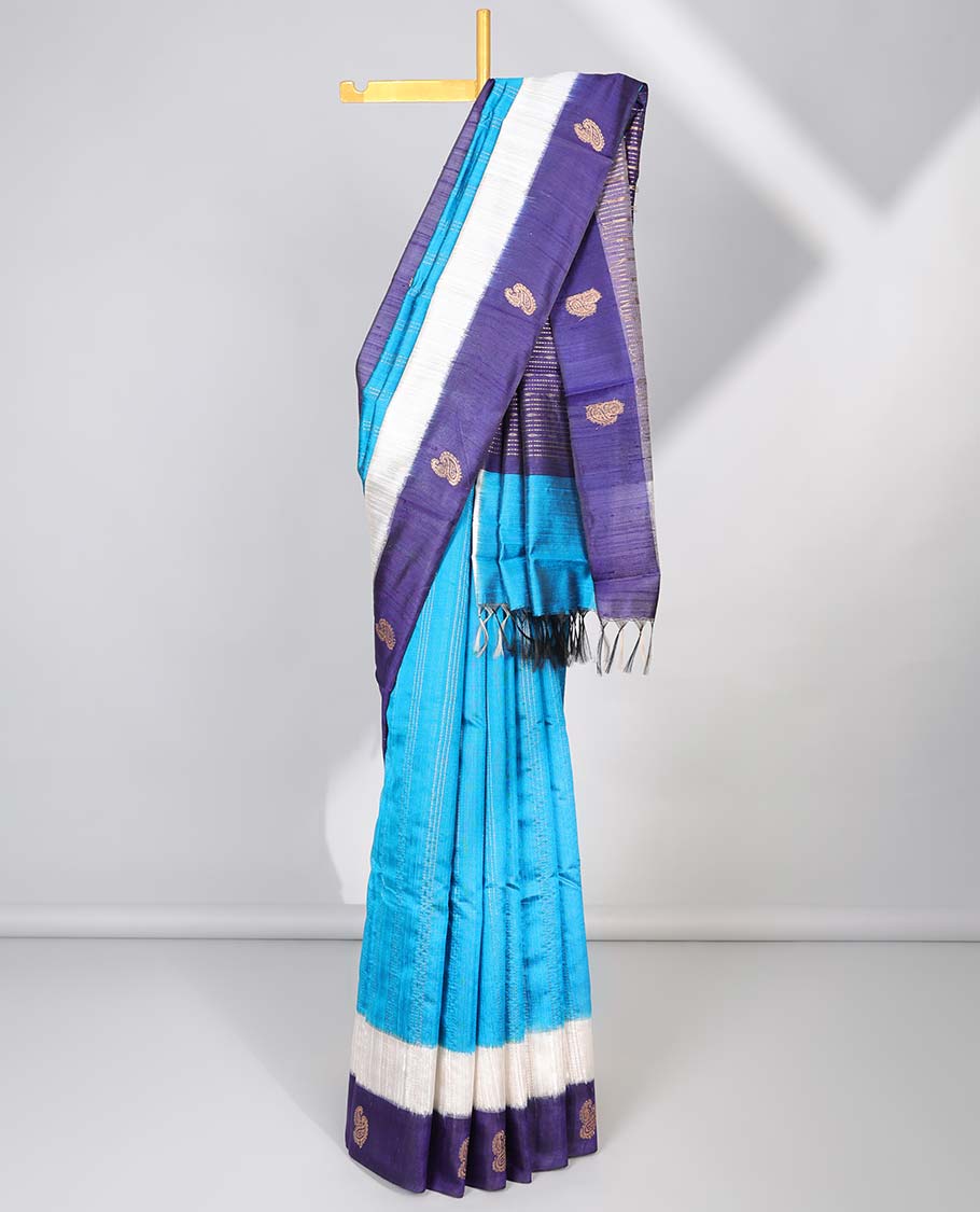 Blue striped dupion saree, contrast paisley motifs border & zari design pallu