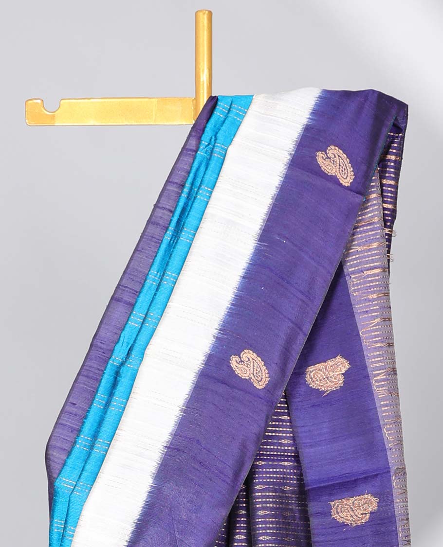 Blue striped dupion saree, contrast paisley motifs border & zari design pallu