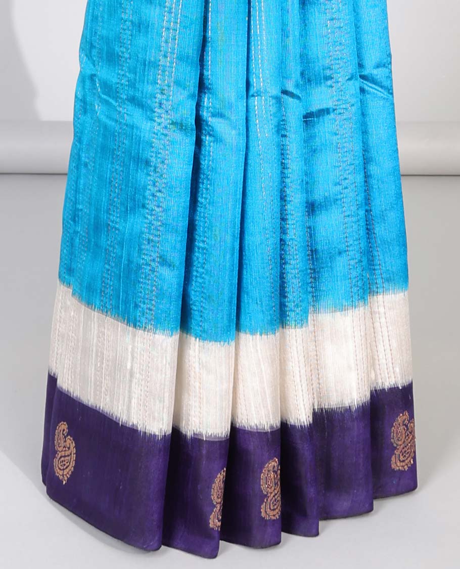 Blue striped dupion saree, contrast paisley motifs border & zari design pallu