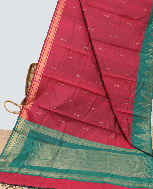 Red dupion saree with buttas, contrast vidarbha border & traditional design pallu