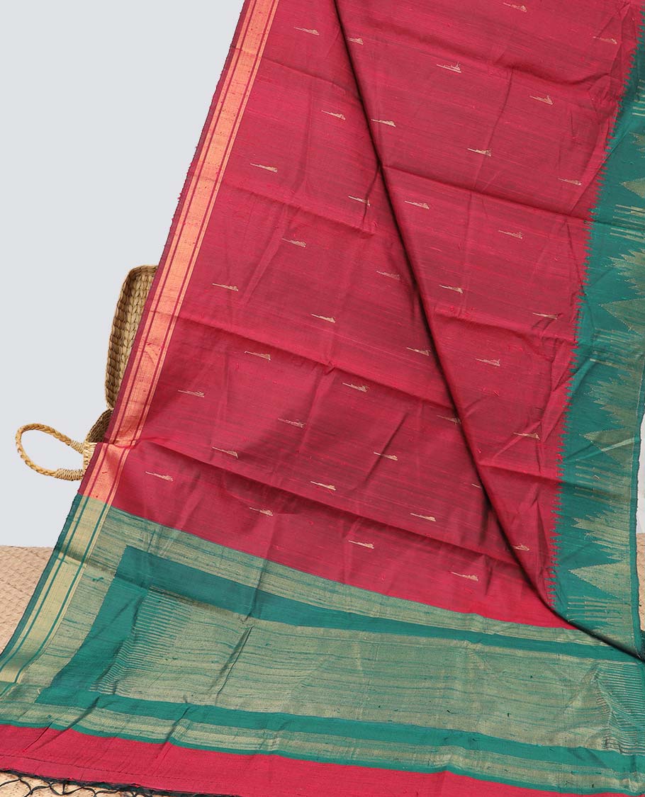 Red dupion saree with buttas, contrast vidarbha border & traditional design pallu