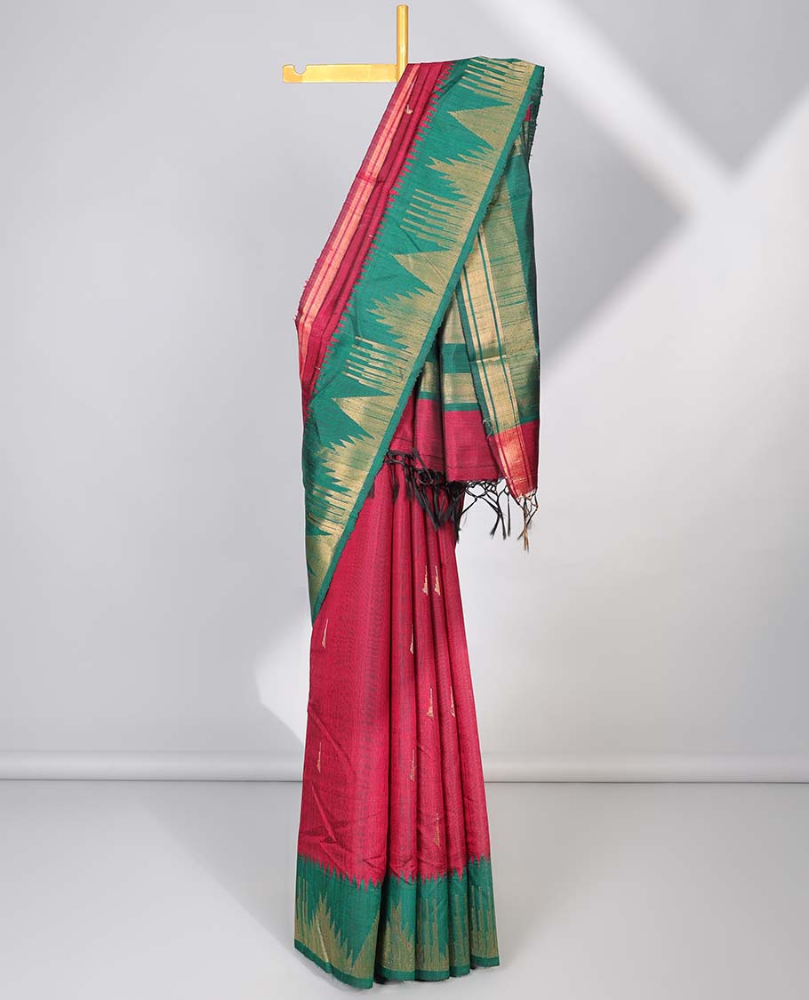Red dupion saree with buttas, contrast vidarbha border & traditional design pallu