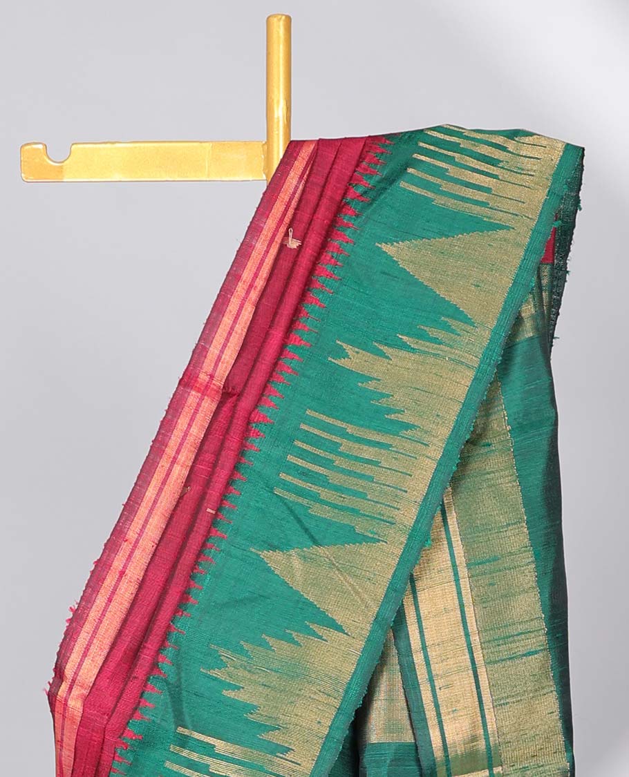 Red dupion saree with buttas, contrast vidarbha border & traditional design pallu