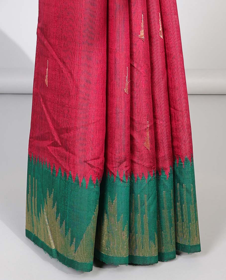 Red dupion saree with buttas, contrast vidarbha border & traditional design pallu