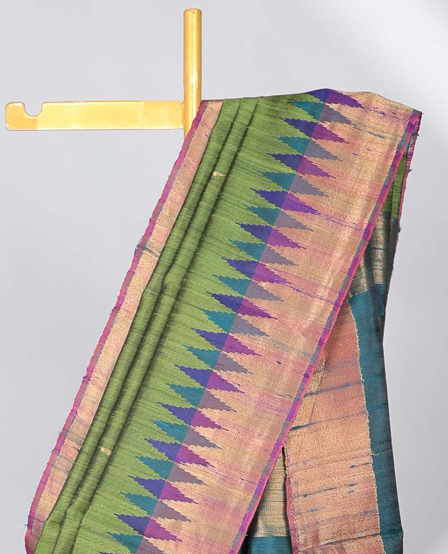 Green dupion saree with buttas, contrast vidarbha border & traditional design pallu