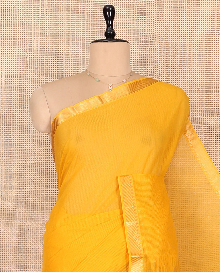 Orange Plain Andhra Cotton Saree Featuring Temple Zari Border, Contrast Striped Pallu, and a Contrast Blouse