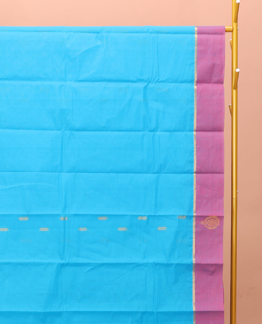 Blue Kanchi Cotton Saree, Adorned with Buttas on Its Body, Contrast Unique Motifs Border, Pallu of Intricate Design, and a Matching Blouse
