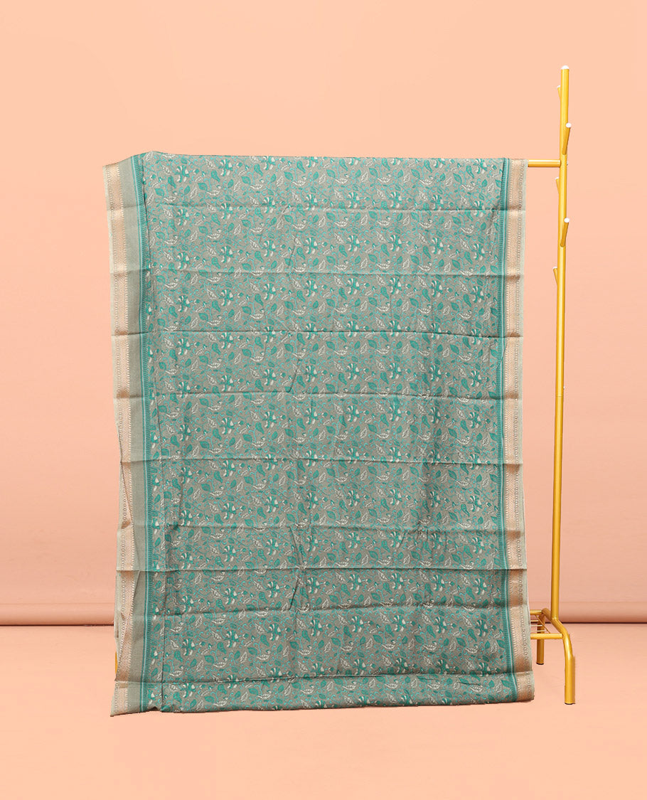 Grey Kanchi Cotton Saree, Embellished with Floral Print All Over Its Body, Complemented by Contrast Traditional Border, Pallu of Floral Designs, and Paired with a Matching Blouse
